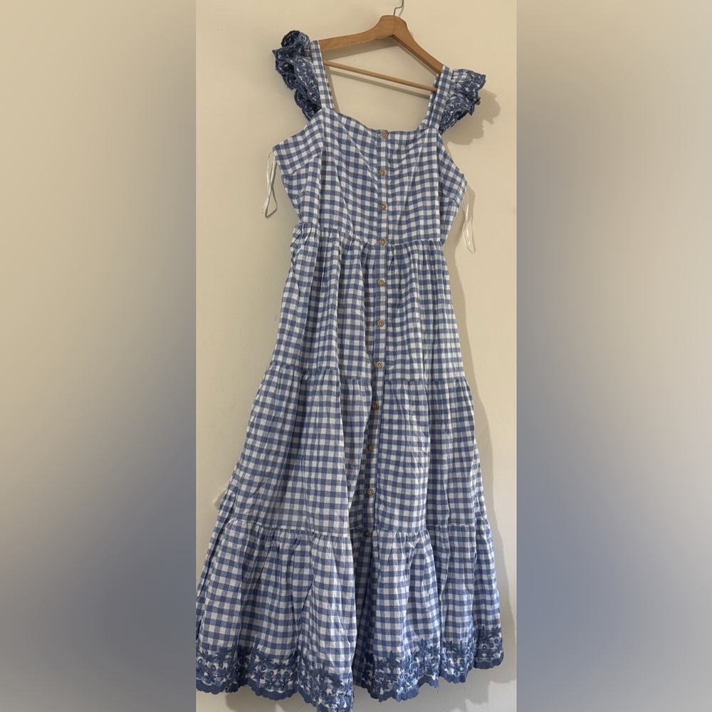 Shabby Chic Light Blue and White Smocked Top with Pink Tag Detail